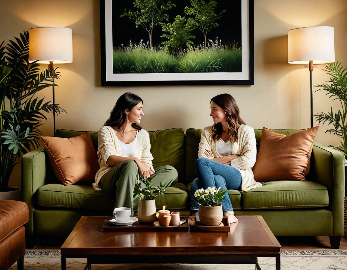 A cozy living room scene featuring a couple sitting together on a comfortable couch, engaged in deep conversation, with warm lighting and personal touches around them like family photos and plants. The atmosphere should evoke a sense of trust and intimacy, highlighting their connection through their expressions and body language. Soft textures and a peaceful color palette enhance the comforting vibe. super-realistic. warm colors. soft lighting.