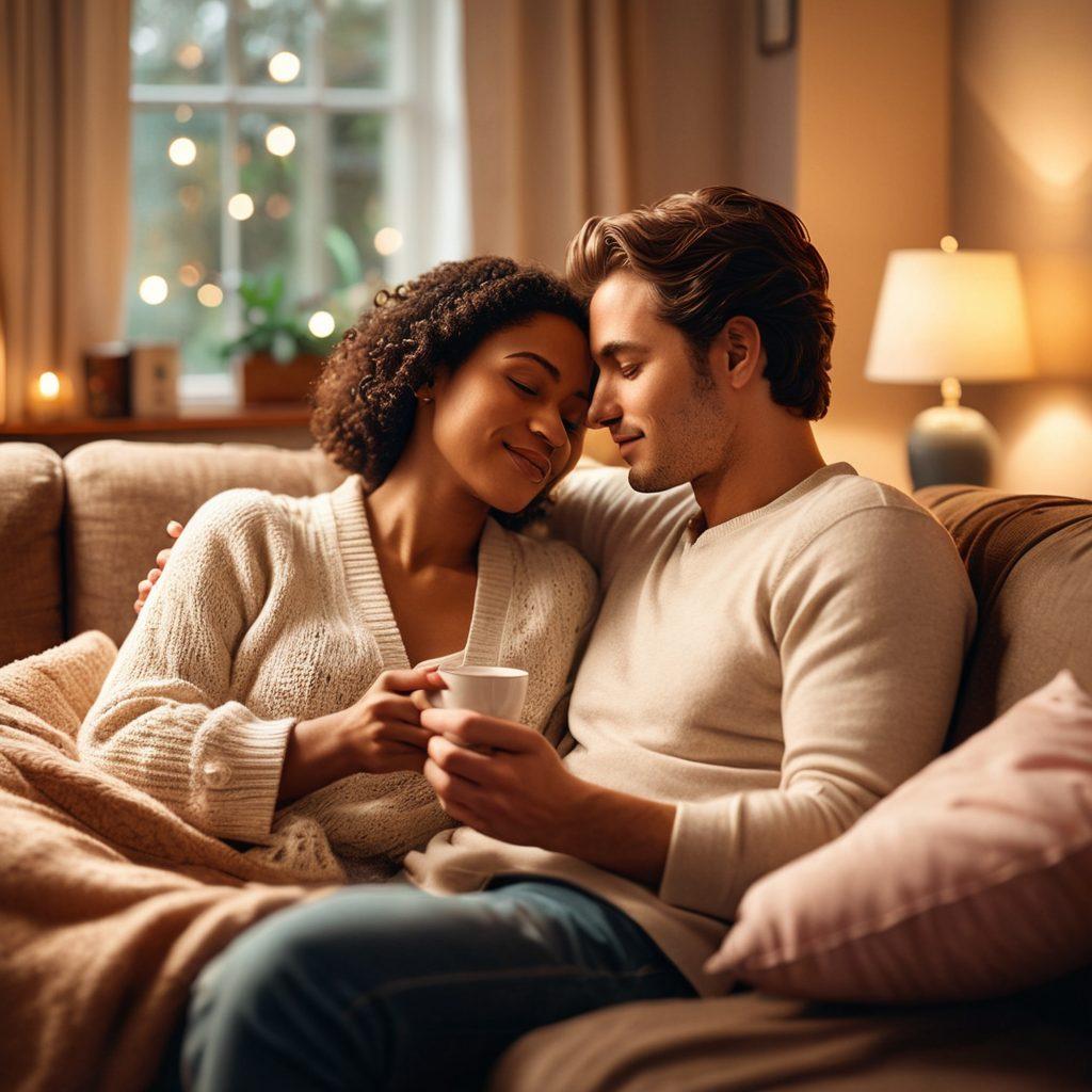 A warm, intimate scene depicting a couple sitting closely on a cozy couch, exchanging heartfelt glances and gestures that symbolize love languages like spoken words or gifts. Surround them with soft lighting and elements that represent emotional intimacy, such as a steaming cup of tea and a shared book. Include subtle heart motifs in the background to enhance the feeling of love and support. super-realistic. soft palette. warm lighting.