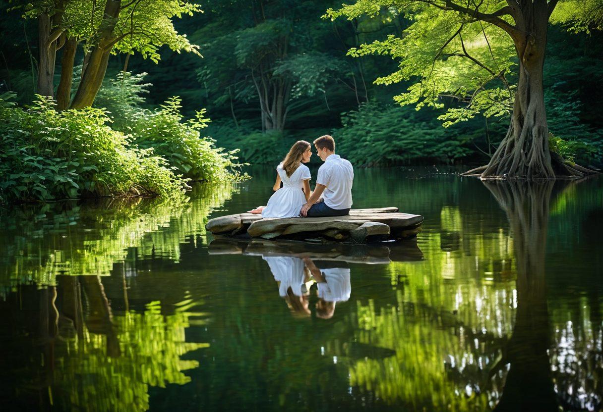 A serene couple sitting together by a tranquil lake, engaged in deep conversation, surrounded by lush greenery. Soft light filters through the trees, creating a warm and inviting atmosphere that symbolizes emotional intimacy. Include symbols of love, like intertwined hearts or gentle waves reflecting trust and connection. The scene should evoke warmth and closeness, with vibrant colors that enhance the peaceful setting. super-realistic. warm tones. nature-inspired.